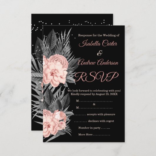 RSVP Trouw Blush Perzik Houtskool Bloem Zwart Kaart (Voorkant / Achterkant)