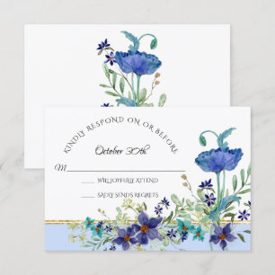 RSVP Trouwfeest Bleekblauwe Papaver Waterverf Bloe Kaart