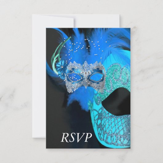 RSVP Turquoise Zwarte Maskers Masqueradebal Feest Kaartje (Voorkant)