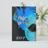 RSVP Turquoise Zwarte Maskers Masqueradebal Feest Kaartje (Staand voorkant)
