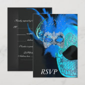 RSVP Turquoise Zwarte Maskers Masqueradebal Feest Kaartje (Voorkant / Achterkant)