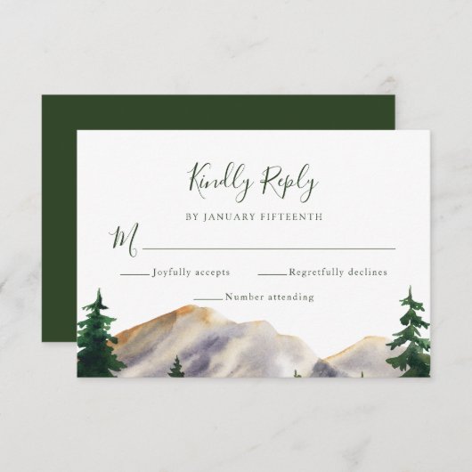 RSVP Waterverf Rustic Mountains Green Wedding (Voorkant / Achterkant)