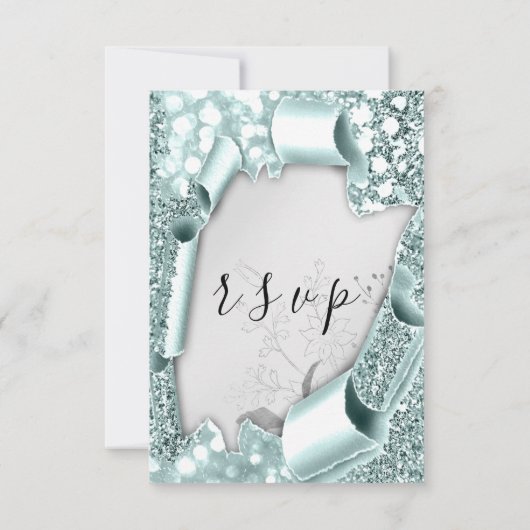 RSVP Wedding Glitter Florals Silver Aqua Blue (Achterkant)
