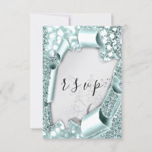 RSVP Wedding Glitter Florals Silver Aqua Blue Kaartje