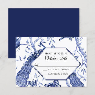 RSVP Wedding Navy Chinoiserie Peacock Butterflies Kaart