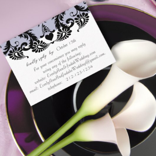 RSVP Wedding Response Kaart Paars Black Damask