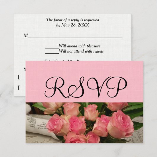 RSVP Wedding Roze Rose Bouquet Zilver Kaartje (Voorkant / Achterkant)