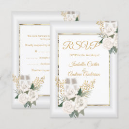 RSVP Wedding White Rose Floral Champagne Gold Kaartje