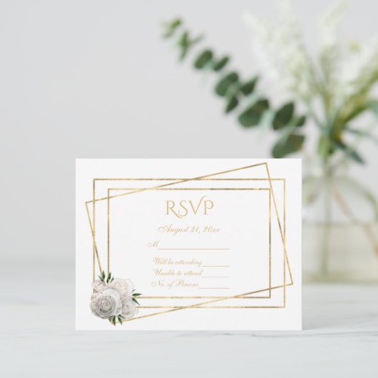 RSVP White en Gold met witte rozen Briefkaart (Staand voorkant)