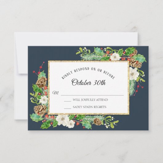 RSVP Winter Navy Blue Kerst Bloemen Waterverf Kaart (Voorkant)
