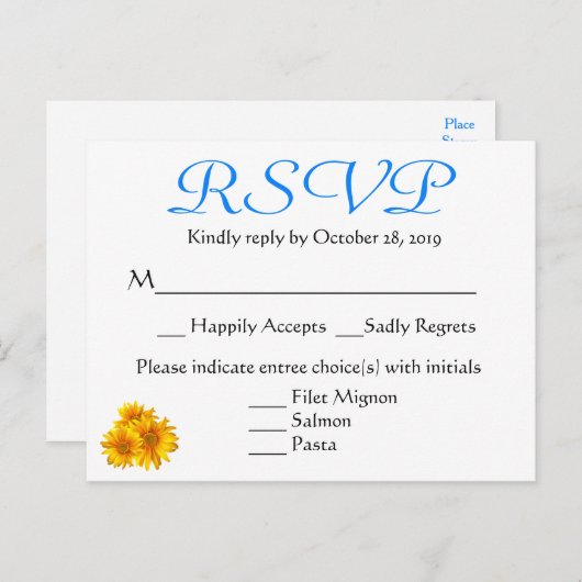 RSVP Zonnebloem Blauw & Geel Bloemen Huwelijk Uitnodiging Briefkaart (Voorkant / Achterkant)