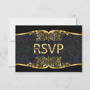 RSVP Zwarte Goud Damast Trouw Uitnodiging