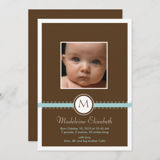 Ruban bleu satin avec Faire-part de naissance Mono (Devant / Derrière)