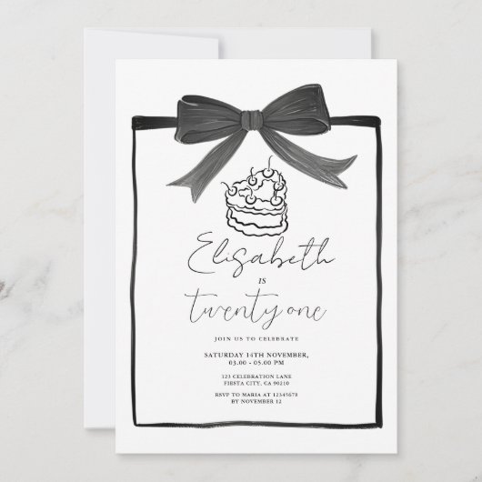 Ruban de gâteau noir 21e anniversaire Invitation (Devant)