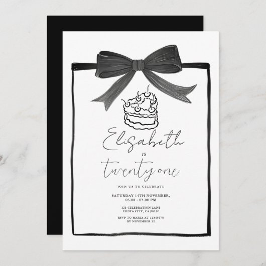 Ruban de gâteau noir 21e anniversaire Invitation (Devant / Derrière)