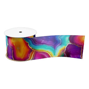 Ruban En Satin Agate Arc-en-Ciel Motif de Pierre Abstraite Vibr