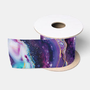 Ruban En Satin Agate Céleste Abstrait Tourbillons Violets Bleus D