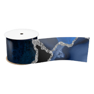 Ruban En Satin Agate de Parties scintillant bleu marine et argent