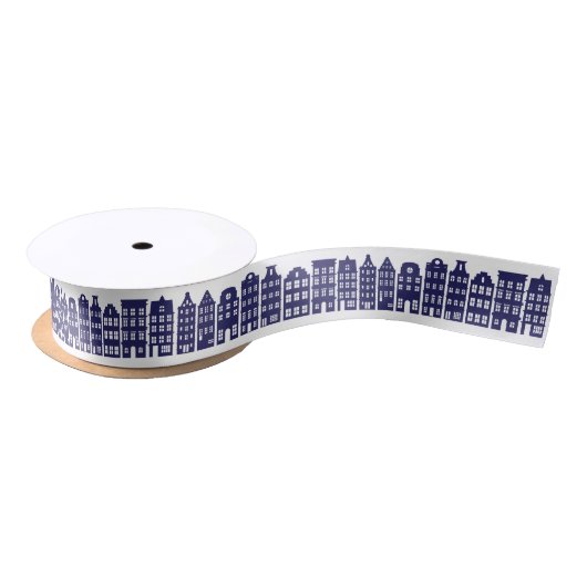 Ruban En Satin Amsterdam Canal Row Maisons Cobalt Blue Motif (Bobine)