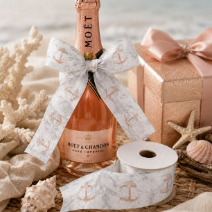Ruban En Satin Ancre beige en marbre blanc de plage côtière nauti