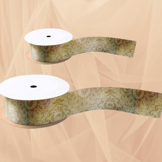 Ruban En Satin Antique Green Gold Damask