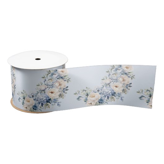 Ruban En Satin Aquarelle bleu Dusty Fleurs d'ivoire Feuille Rusti (Bobine)