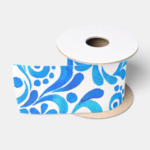 Ruban En Satin Aquarelle botanique Bleu et Blanc