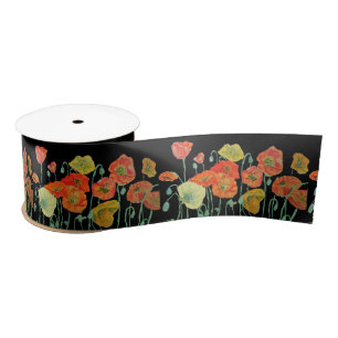 Ruban En Satin Aquarelle de coquelicot Orange Rouge Noir Joli flo