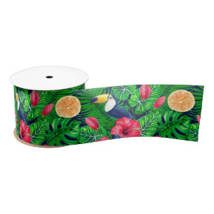 Ruban En Satin Aquarelle de jardin toucan et tropical