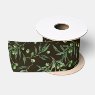 Ruban En Satin Aquarelle des branches d'olive en noir