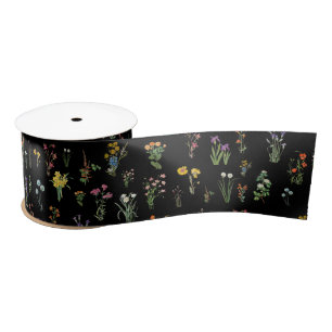 Ruban En Satin Aquarelle fleur sauvage Floral botanique noir