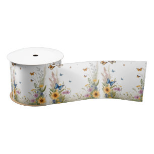 Ruban En Satin Aquarelle Fleur sauvage Gris Et Papillons,