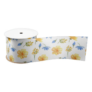 Ruban En Satin Aquarelle fleurie Jaune et bleue Fleurs