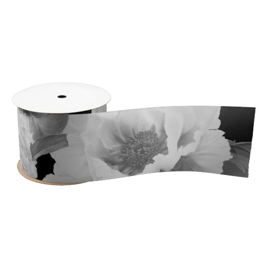 Ruban En Satin Aquarelle florale Black & White Peonies (Bobine)
