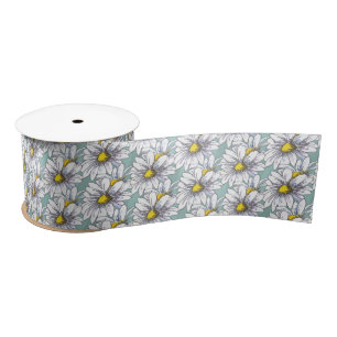 Ruban En Satin Aquarelle Florale Daisy Œuf de Canard Bleu Boho