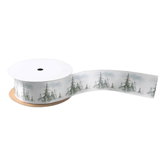 Ruban En Satin Aquarelle Forêt de sapins rustiques hiver (Bobine)