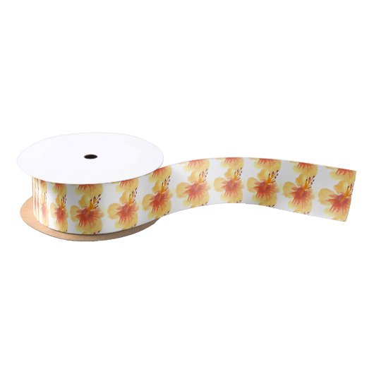 Ruban En Satin Aquarelle Hibiscus Jaune Orange Floral Tropical (Bobine)