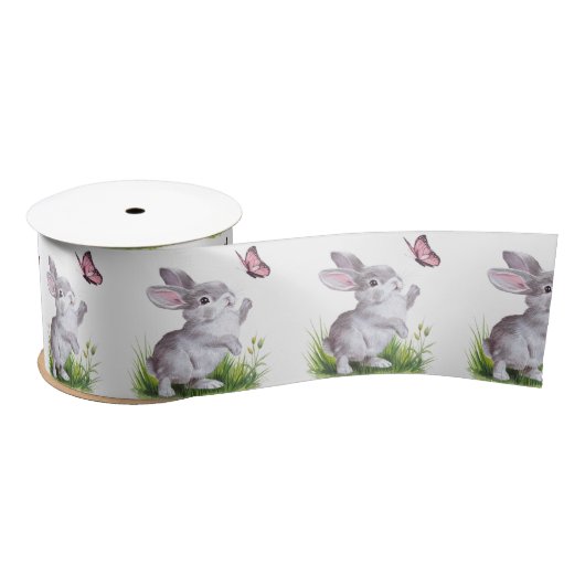 Ruban En Satin Aquarelle lapin et papillon rose (Bobine)