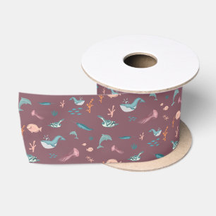 Ruban En Satin Aquarelle Océan Sea Animaux Motif rose pâle