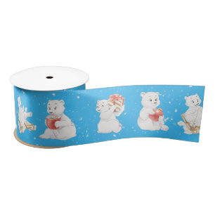 Ruban En Satin Aquarelle Ours Polaires Dans Les Snowflakes