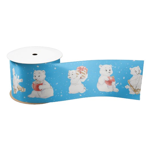 Ruban En Satin Aquarelle Ours Polaires Dans Les Snowflakes (Bobine)