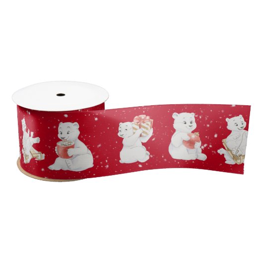 Ruban En Satin Aquarelle Ours Polaires Dans Les Snowflakes (Bobine)