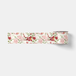 Ruban En Satin Aquarelle Rose Pâle et Rouge Rubis Floral Romantiq