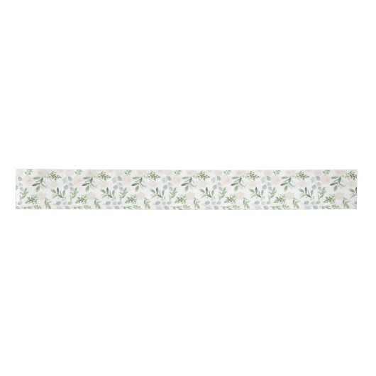 Ruban En Satin Aquarelle simple Motif vert & Fleurs blanches (Devant)