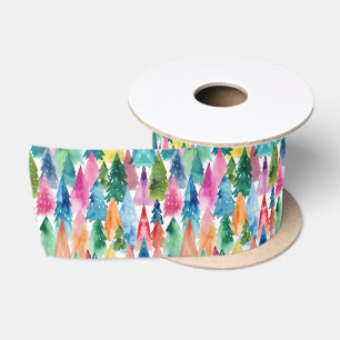 Ruban En Satin Arbres de Noël arc-en-ciel colorés aquarelle