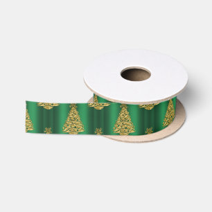 Ruban En Satin Arbres de Noël dorés sur vert