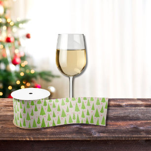 Ruban En Satin Arbres de Noël Vert Lime Moderne Rose Aquarelle