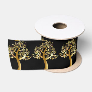 Ruban En Satin Arbres dorés avec des cœurs dorés sur fond noir
