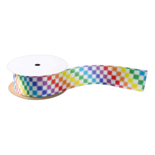 Ruban En Satin Arc-en-ciel Checkered rayé et blanc