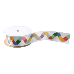 Ruban En Satin Arc en ciel coloré Vérifier ligne vague et blanc